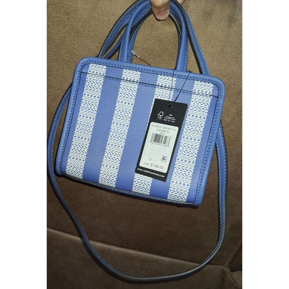 New Limited Karl Lagerfeld Blue White Satchel Handbag Crossbody Purse Tote - Picture 6 of 8